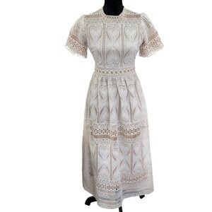 Romantic Crochet Lace Cream & Beige Boho Fit & Flair Cottagecore‎ Midi Dress S